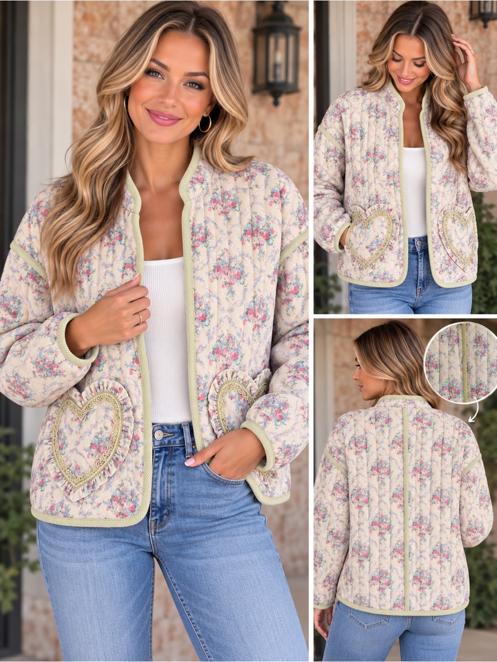 Rareraw quilted embroidered floral cottagecore heart chic pocket jacket coat